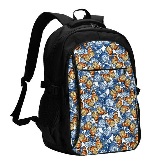 Zufioo Colorful Butterfly1 Print USB Backpack, Multi-Pocket Design Ergonomic Construction Travel Bag Work Bag, Unisex