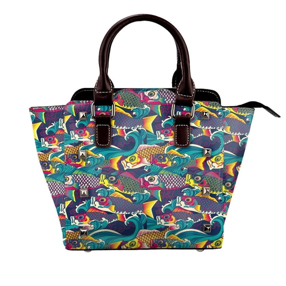 Zufioo Colorful Carp Streamer Print Leather Rivet Shoulder Bag, Microfiber PU Leather Adjustable Shoulder Strap Handbag, Ideal Gift for Women-One Size