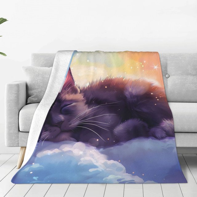 Zufioo Colorful Cloud Sleeping Cat Fleece Blanket Queen Size,Plush Bed