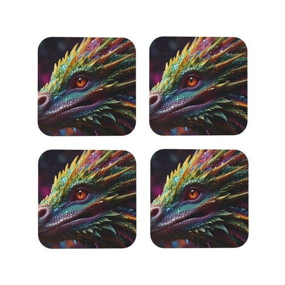 Zufioo Colorful Dragon Head Profile Print Leather Coaster Set, Decorative PVC Coasters 4-pack - Scald and Stain-resistant, Suitable for Home, Cafes, Restaurants-Square