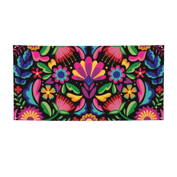 Zufioo Colorful Floral Embroidery Mexican Print Holiday Banners, Party Banners, Hanging Flags, Bar Shopping Mall Garden Wall Decorations, Holiday Decoration Supplies-Medium