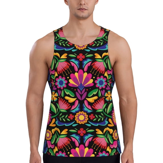 Zufioo Colorful Floral Embroidery Mexican Print Men's Vest, Sleeveless Quick-drying Muscle T-shirt, Suitable for Sports Fitness, Home Leisure Wear-3X-Large