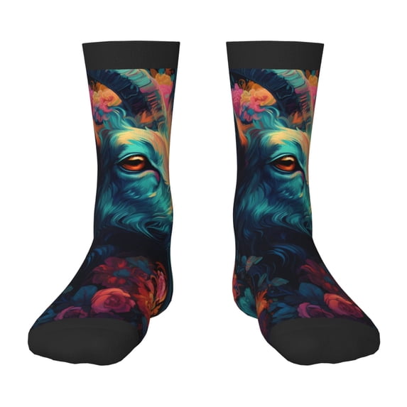 Zufioo Colorful Flower Goat Print Children's Mid-tube Socks, Contrast Color High Elastic Sports Socks - Sweat-absorbent, Warm, Suitable for Children Aged 6-10