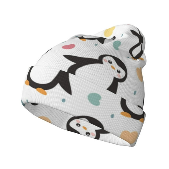 Zufioo Colorful Hearts Penguin Print Adult Knitted Hat, Unisex Cuffed Brimless Ski Hat, Suitable for Autumn and Winter