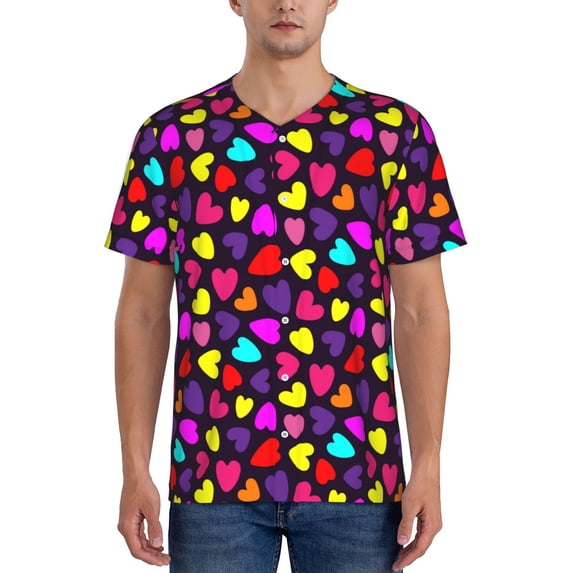 Zufioo Colorful Hearts Print Men's Baseball Short Sleeve, Moisture Wicking Button-Down Hip Hop Tee-Large