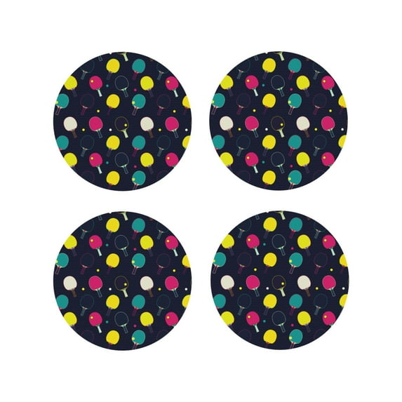 Zufioo Colorful Ping Pong Rackets Print Leather Coaster Set, Decorative PVC Coasters 4-pack - Scald and Stain-resistant, Suitable for Home, Cafes, Restaurants-Round Shape