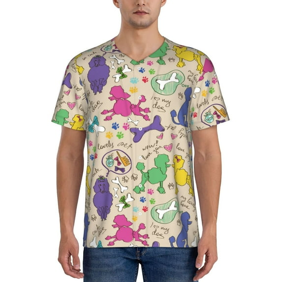 Zufioo Colorful Poodle Dog Print Men's Baseball Short Sleeve, Moisture Wicking Button-Down Hip Hop Tee-3X-Large