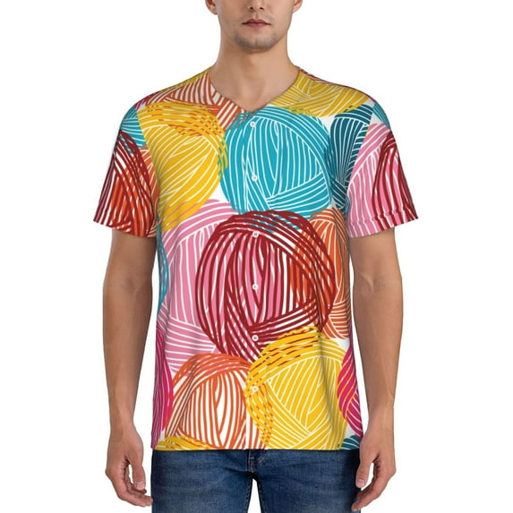 Zufioo Colorful Wool Balls Print Men's Baseball Short Sleeve, Moisture Wicking Button-Down Hip Hop Tee-Small