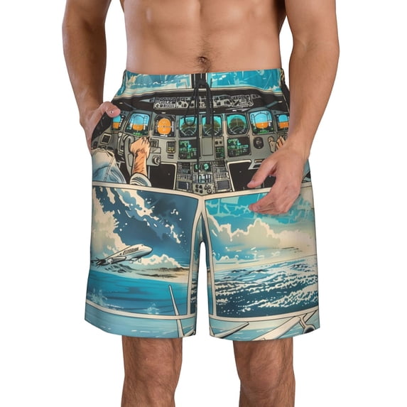 Zufioo Comic Airplane Cockpit Illustration for Men's Casual Beach Shorts, Sports Fitness Quick-drying Drawstring Shorts with Pockets for Home Wear-3X-Large
