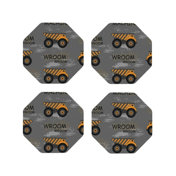 Zufioo Construction Machines Print Leather Coaster Set, Decorative PVC Coasters 4-pack - Scald and Stain-resistant, Suitable for Home, Cafes, Restaurants-Octagon
