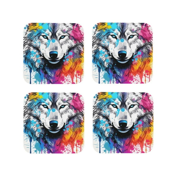 Zufioo Cool Colorful Wolf Print Leather Coaster Set, Decorative PVC Coasters 4-pack - Scald and Stain-resistant, Suitable for Home, Cafes, Restaurants-Square