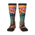 Zufioo Cowboy Boots With Flowers Print Long High Thigh Socks KneeHigh