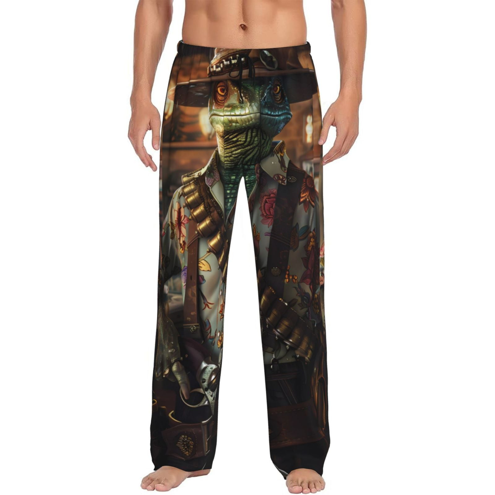 Zufioo Cowboy Iguana Floral Shirt Mens Pajama Pants Sleep & Lounge
