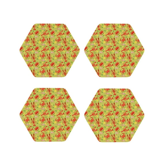 Zufioo Crab Lobster Print Leather Coaster Set, Decorative PVC Coasters 4-pack - Scald and Stain-resistant, Suitable for Home, Cafes, Restaurants-Hexagon