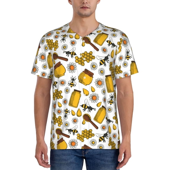 Zufioo Cute Bee Print Men's Baseball Short Sleeve, Moisture Wicking Button-Down Hip Hop Tee-Small