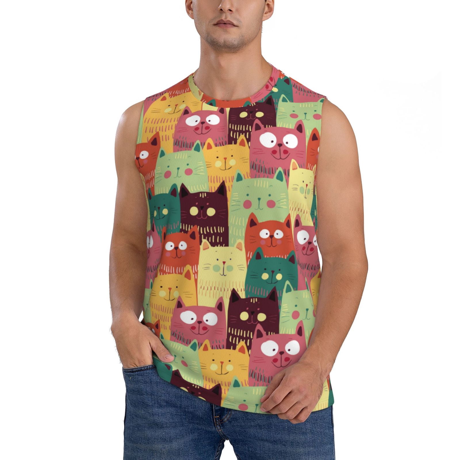 Zufioo Cute Cartoon Cat Men's Tank Top,Men's Sleeveless Muscle Shirts