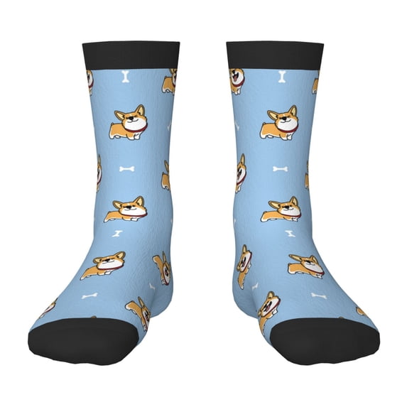 Zufioo Cute Cartoon Corgi Print Children's Mid-tube Socks, Contrast Color High Elastic Sports Socks - Sweat-absorbent, Warm, Suitable for Children Aged 6-10