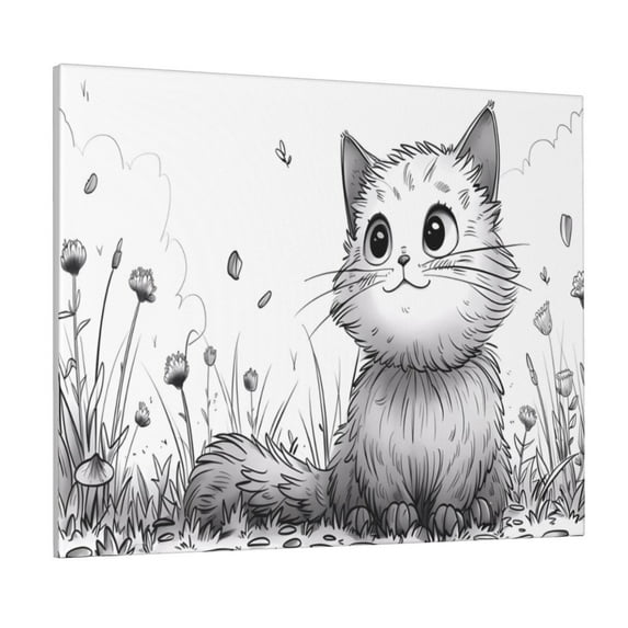 Zufioo Cute Cat Meadow Sketch Print Canvas Decorative Painting with Solid Wood Frame Art Decoration, Suitable for Home and Office Wall Decoration