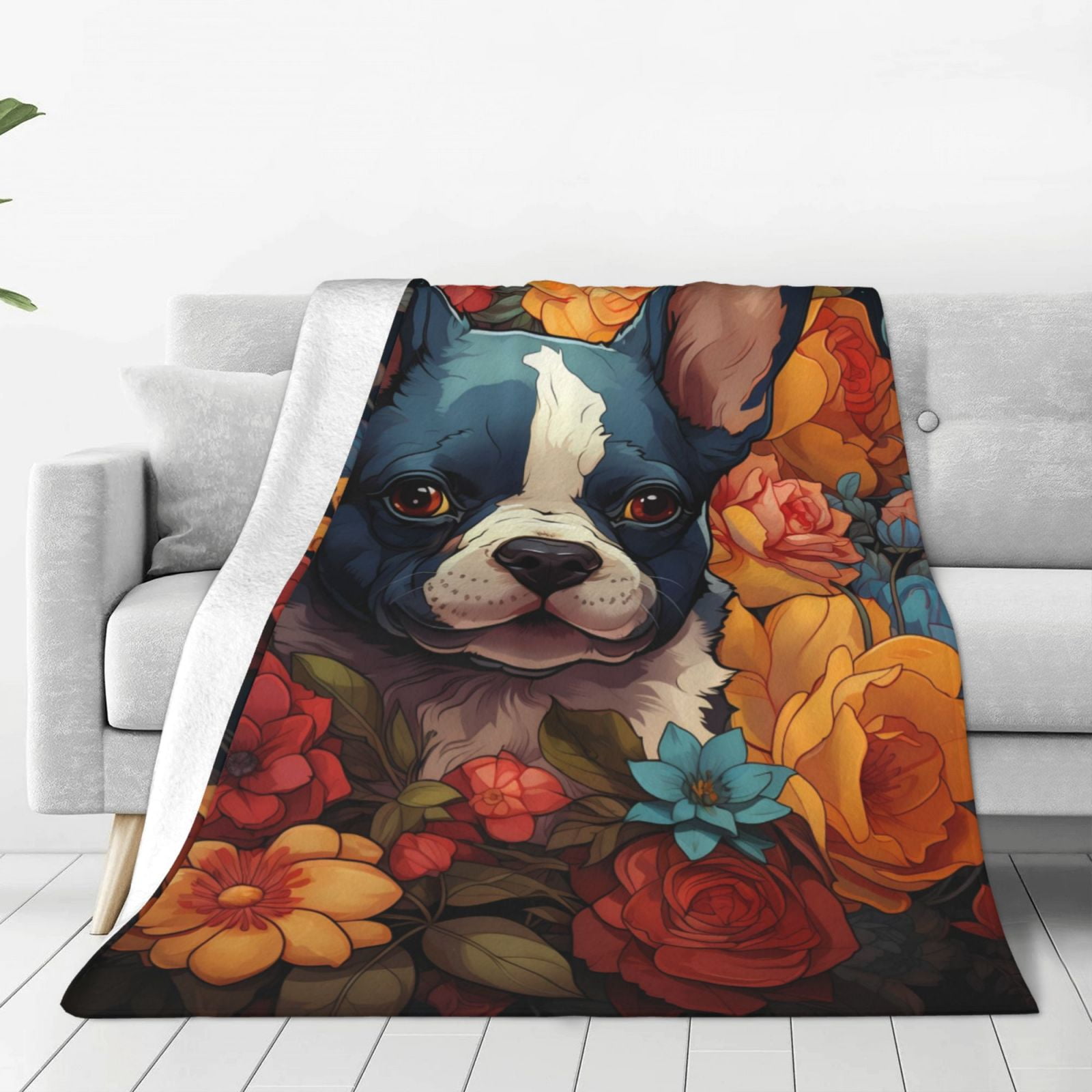 Zufioo Cute Colorful Flower French Bulldog Fleece Blanket Queen Size
