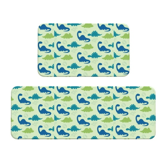 Zufioo Cute Dinosaur Blue Green 2PCS Kitchen Mats for Floor,Home Decor Cushion, 2PCS Kitchen Rugs,Anti Fatigue Mats for Kitchen Floor,Waterproof Kitchen Rug Set