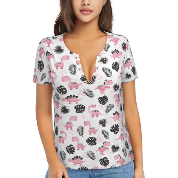 Zufioo Cute Dinosaur for Women's Deep V-neck Short-sleeved T-shirt, Top with Short Sleeves - with Stainless Steel Buckle, Moisture Wicking, Ideal Home Wear-Small