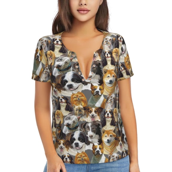Zufioo Cute Dog for Women's Deep V-neck Short-sleeved T-shirt, Top with Short Sleeves - with Stainless Steel Buckle, Moisture Wicking, Ideal Home Wear-Small