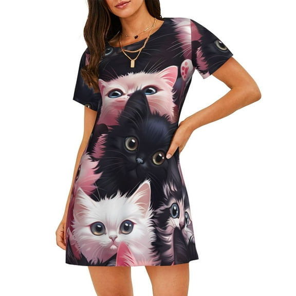 Zufioo Cute Kittens Group Portrait Print Women's Nightgown, Round Neck Short-sleeved Pajamas, Home Wear Suitable for Home and Outing