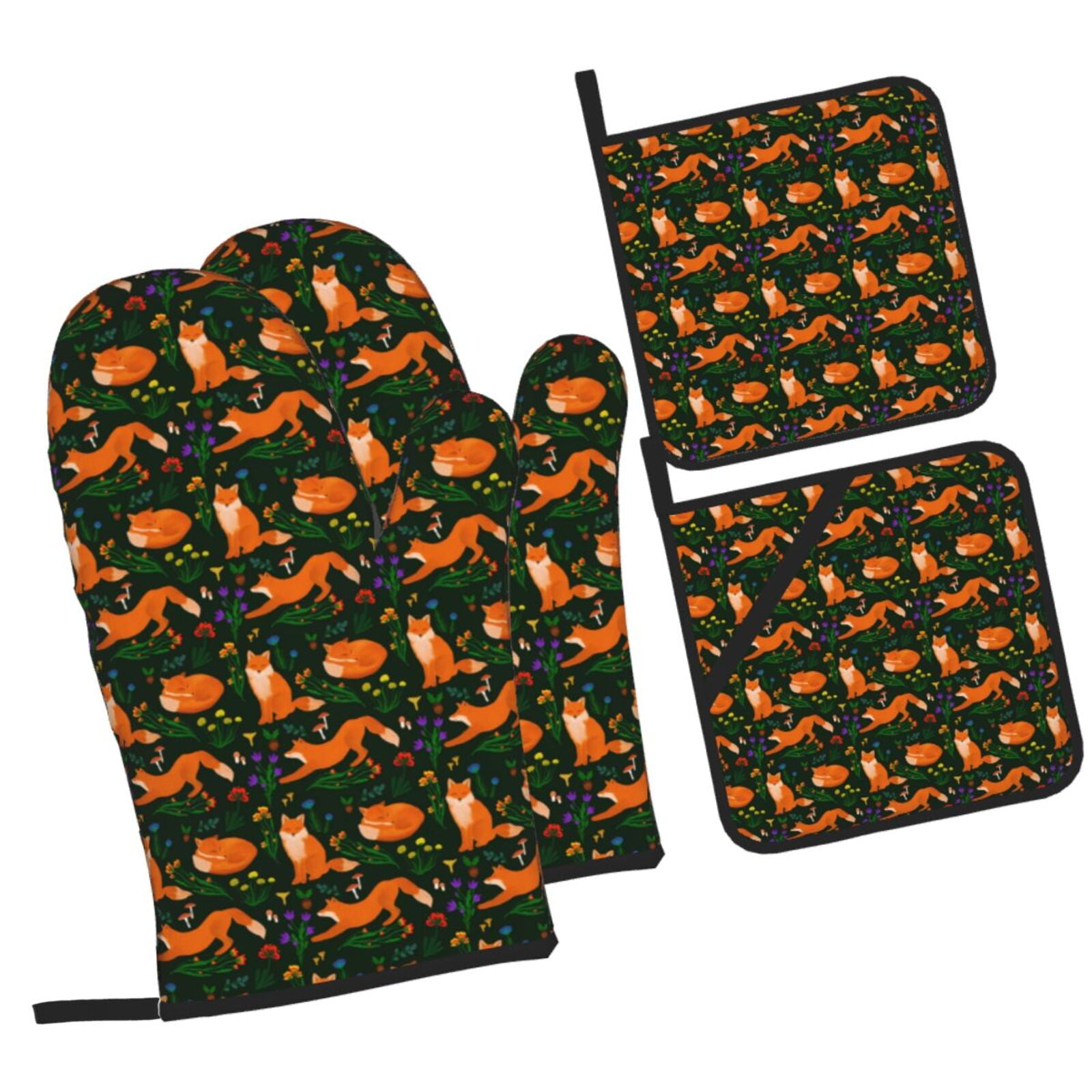 Zufioo Cute Little Foxes Oven Mitts and Pot Holders 4pcs Set Kitchen