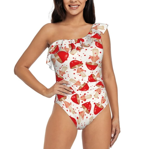 Zufioo Cute Mushroom Print One-shoulder Ruffled One-piece Swimsuit, High Elastic Integrated Removable Chest Pad Swimsuit Suitable for Beach, Pool and Vacation-X-Large
