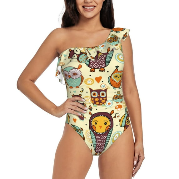 Zufioo Cute Owls Print One-shoulder Ruffled One-piece Swimsuit, High Elastic Integrated Removable Chest Pad Swimsuit Suitable for Beach, Pool and Vacation-X-Large