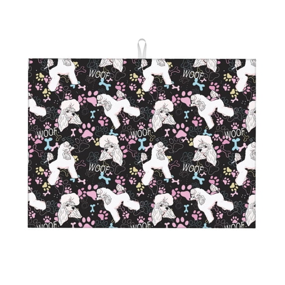 Zufioo Cute Poodle Dog Print Microfiber Dish Drying Mat, 18x24 Inch Water Absorbent Non-Slip Mat for Kitchen, Dining Room, Bar Counter