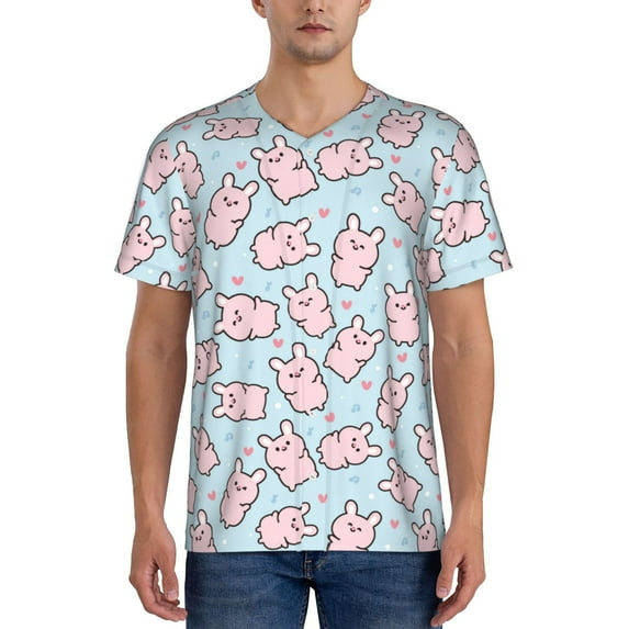 Zufioo Cute Rabbit Print Men's Baseball Short Sleeve, Moisture Wicking Button-Down Hip Hop Tee-Medium
