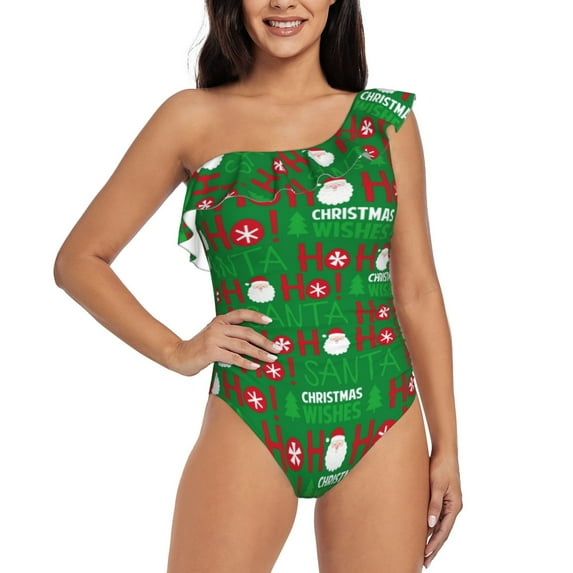 Zufioo Cute Santa Print One-shoulder Ruffled One-piece Swimsuit, High Elastic Integrated Removable Chest Pad Swimsuit Suitable for Beach, Pool and Vacation-Large