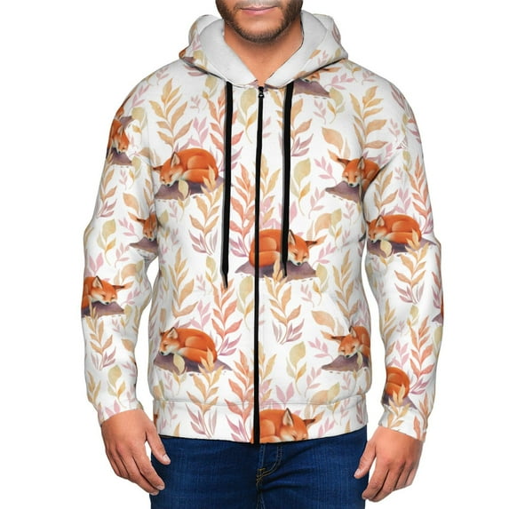 Zufioo Cute Sleepy Fox Print Men's Hooded Cardigan, Zip-up Long-Sleeved Sweatshirt Jacket Sportswear-3X-Large