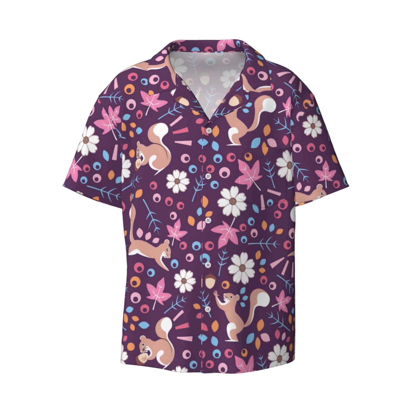 Zufioo Cute Squirrel Floral Print Mens Button Down Short Sleeve Shirt