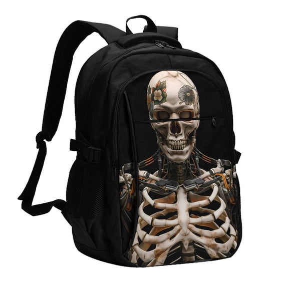 Zufioo Cyber Skeleton With Tattoos Print USB Backpack, Multi-Pocket Design Ergonomic Construction Travel Bag Work Bag, Unisex
