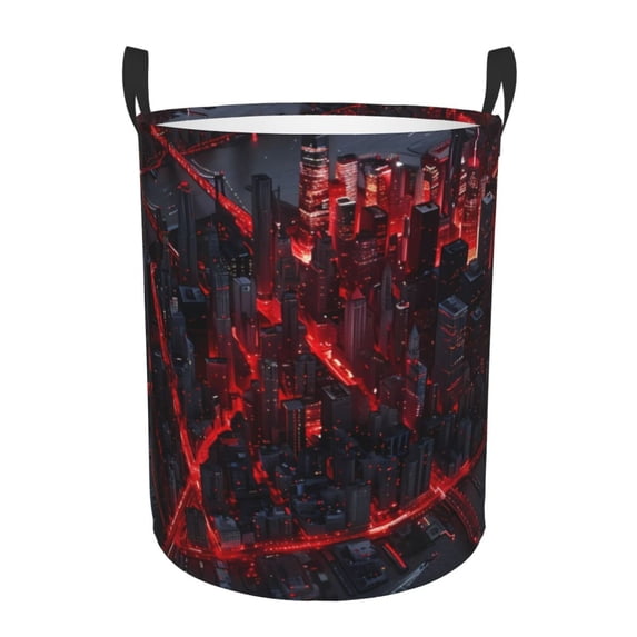 Zufioo Cyberpunk Cityscape Lights Print Round Dirty Clothes Basket, Waterproof Standing Dirty Clothes Bag, Suitable for Home, Bathroom, Car Trunk-Small