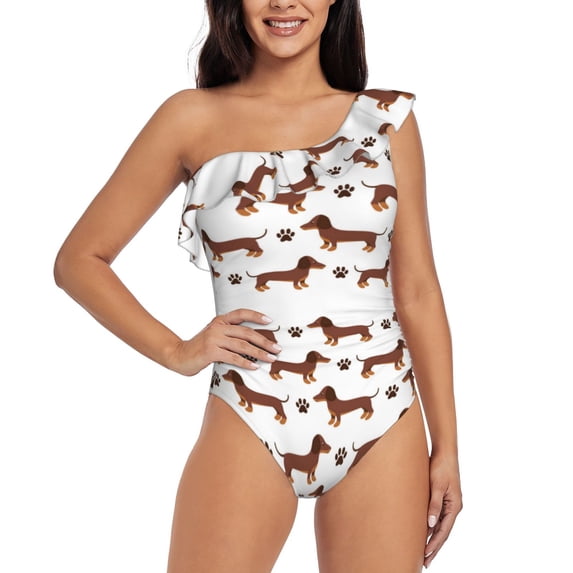 Zufioo Dachshund Dog Puppy Print One-shoulder Ruffled One-piece Swimsuit, High Elastic Integrated Removable Chest Pad Swimsuit Suitable for Beach, Pool and Vacation-X-Large