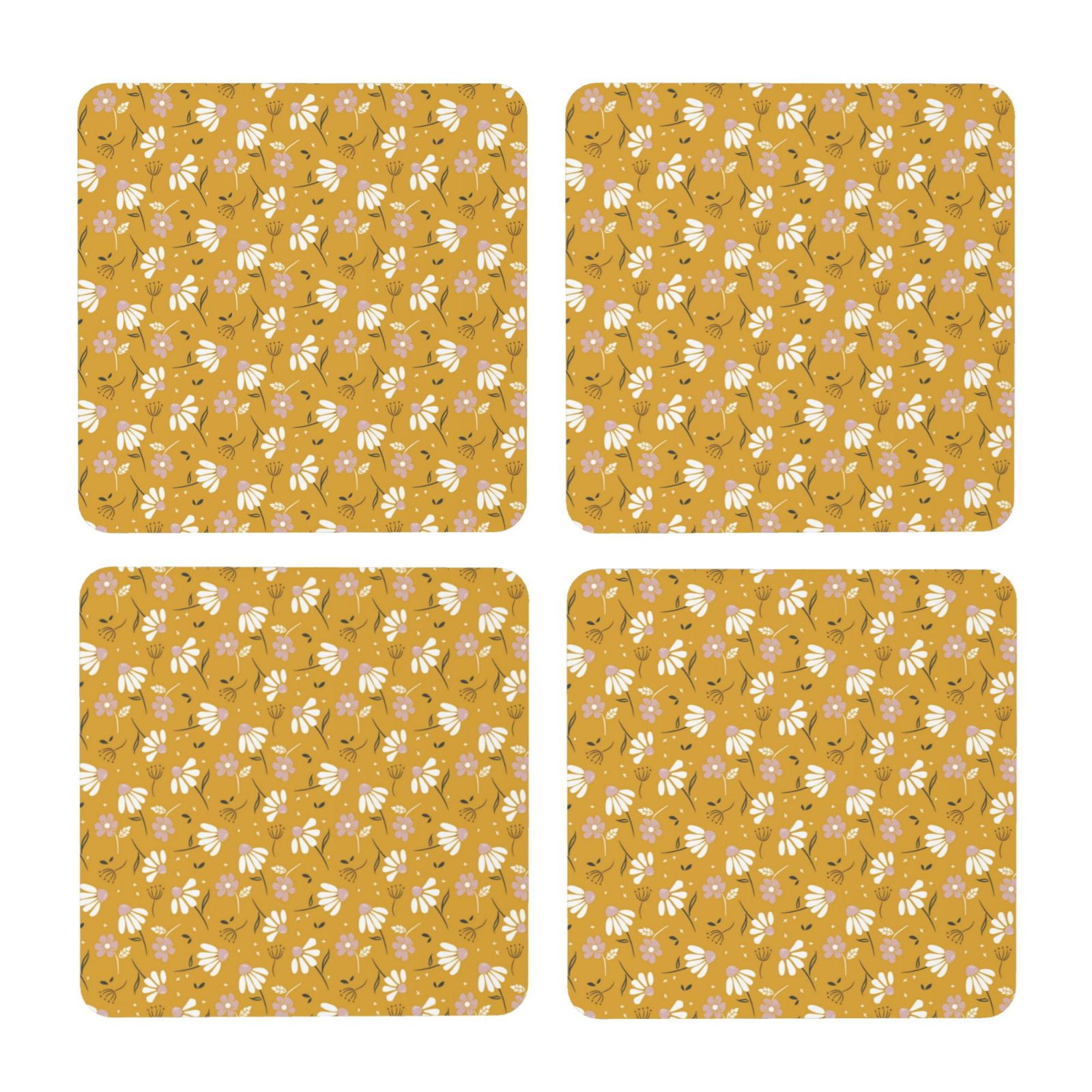 Zufioo Daisies Flowers 4 PCS MDF Cork Coasters,4 inches Round Cup