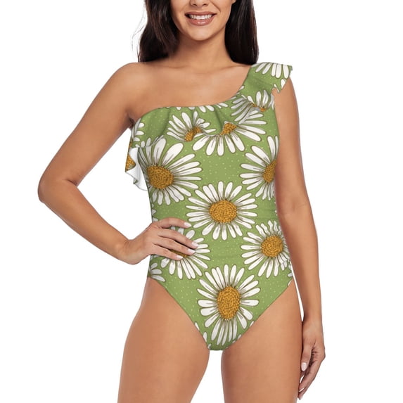 Zufioo Daisies Flowers Print One-shoulder Ruffled One-piece Swimsuit, High Elastic Integrated Removable Chest Pad Swimsuit Suitable for Beach, Pool and Vacation-Large