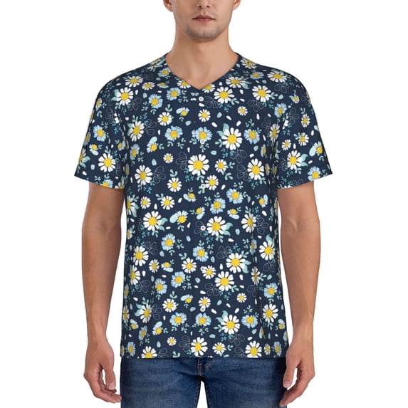 Zufioo Daisy Floral B Print Men's Baseball Short Sleeve, Moisture Wicking Button-Down Hip Hop Tee-Large