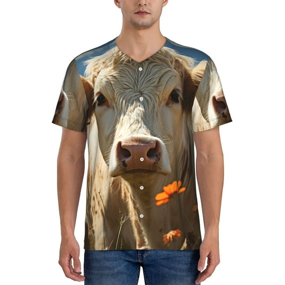 Zufioo Daisy Meadow Cow Print Men's Baseball Short Sleeve, Moisture Wicking Button-Down Hip Hop Tee-X-Large