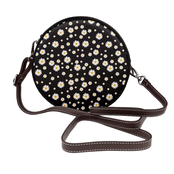 Zufioo Daisy Print Leather Shoulder Round Bag, Waterproof Leather Crossbody Bag, Detachable Shoulder Strap and Carrying Loop, Women's Luggage Accessories-One Size