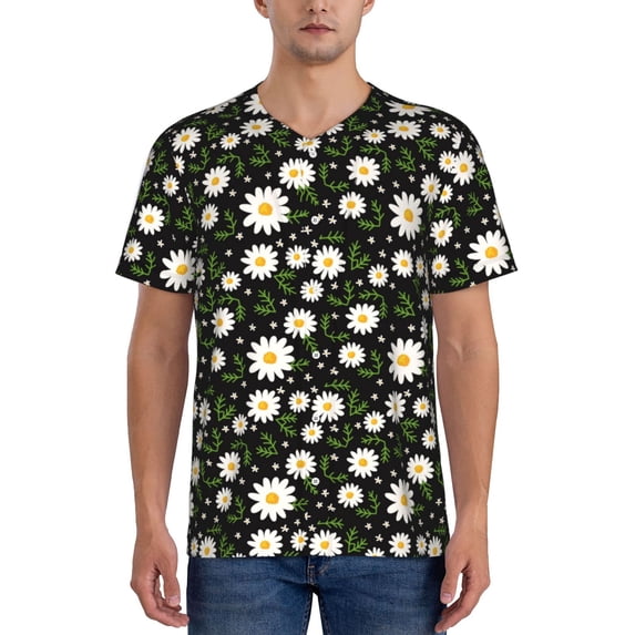 Zufioo Daisy Print Men's Baseball Short Sleeve, Moisture Wicking Button-Down Hip Hop Tee-Small