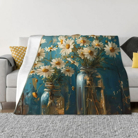 Zufioo Delicate White Daisy Jars Print Horizontal Flannel Blanket, Anti-wrinkle, Anti-shrinkage, Anti-allergic Plush Blanket, Household Items Suitable for Bedroom-60"x50"