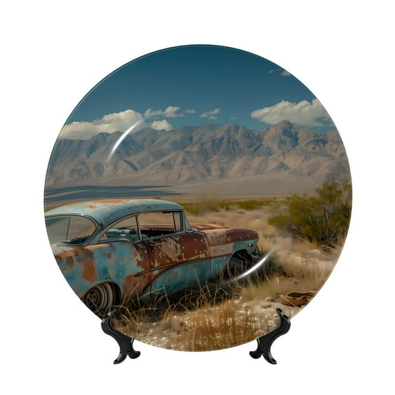 Zufioo Deserted Classic Car Landscape Print Bone China Decorative Plate, Ceramic Dinner Plate with Stand Ceramic Decoration Homewares-8in