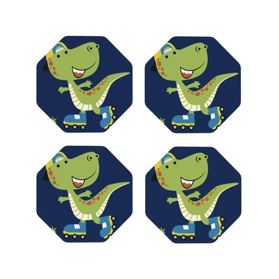 Zufioo Dino Playing Roller Skate Print Leather Coaster Set, Decorative PVC Coasters 4-pack - Scald and Stain-resistant, Suitable for Home, Cafes, Restaurants-Octagon