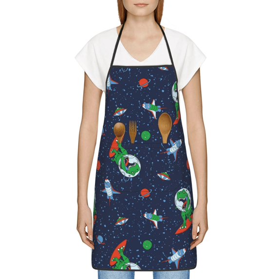 Zufioo Dinosaur Astronaut for Lock Hem Apron with Pockets, Stain and Oil Proof Tie-down Apron for Cooking Barbecue Restaurant, Unisex-One Size