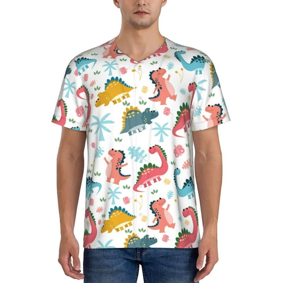 Zufioo Dinosaur Print Men's Baseball Short Sleeve, Moisture Wicking Button-Down Hip Hop Tee-Medium