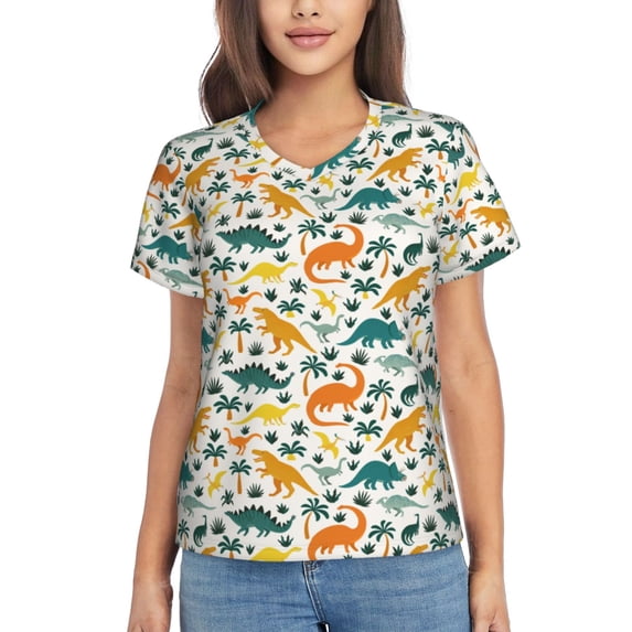 Zufioo Dinosaurs and Tropical Leaves Print Women's Classic V-neck T-shirt, V-neck Short-sleeved Tops Home Wear, Suitable for Daily Life, Work, Outdoors-Small